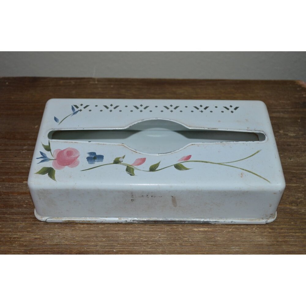 Vintage Detecto Hand Painted Floral Metal Tissue Box Dispenser READ